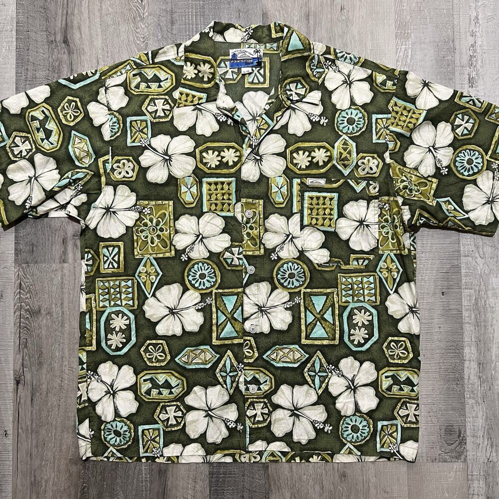 QUIKSILVER Country Board Riding Green Hawaiian Shirt Aloha Surf Button Up Sz L